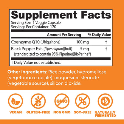 Doctor's Best High Absorption CoQ10 with BioPerine Supplement - Coenzyme Q10 Caps for Heart Health & Antioxidant Support, CoQ10 100mg for Women & Men, Non GMO, Naturally Fermented - 120 Veg Capsules