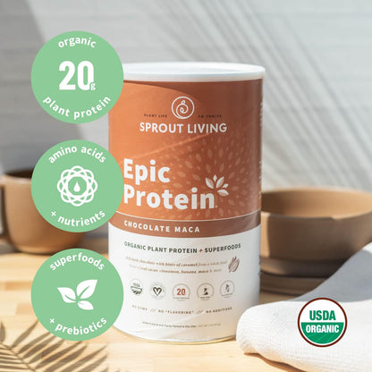 Sprout Living Epic Protein Bundle - Chocolate Maca & Vanilla Lucuma (20g Organic Plant-Based Protein Powder, Vegan, Gluten Free, Superfoods) | 2lb, 24 Servings