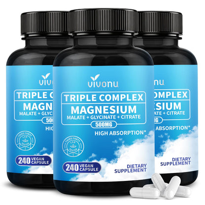 Triple Magnesium Complex for Women and Men, Magnesium Glycinate 400mg, Malate, Citrate, High Absorption Chelated Magnesium Supplement Support Sleep, Muscle, Non-GMO, Gluten Free - 240 Capsules