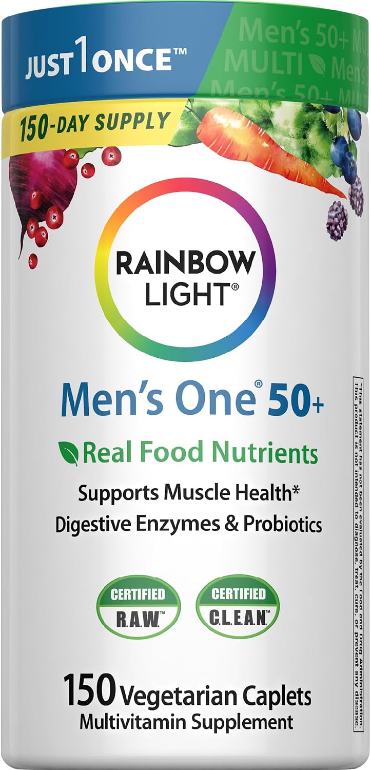 Rainbow Light Mens Multivitamin One + for 50 Plus | 150 Caplets | Supports Muscle Health | with Vitamins C, D, and Zinc | Real Food Nutrients, Digestive Enzymes & Probiotics
