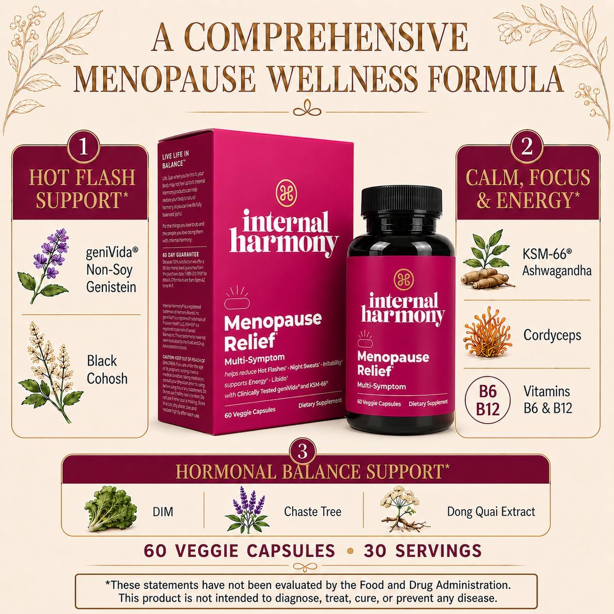 Dream Brands Internal Harmony Feel Good Energy, 60 Count | Menopause Relief Multi-Symptom Herbal Formula, Hot Flashes & Night Sweats Relief, Mood & Energy Support, Libido Boost