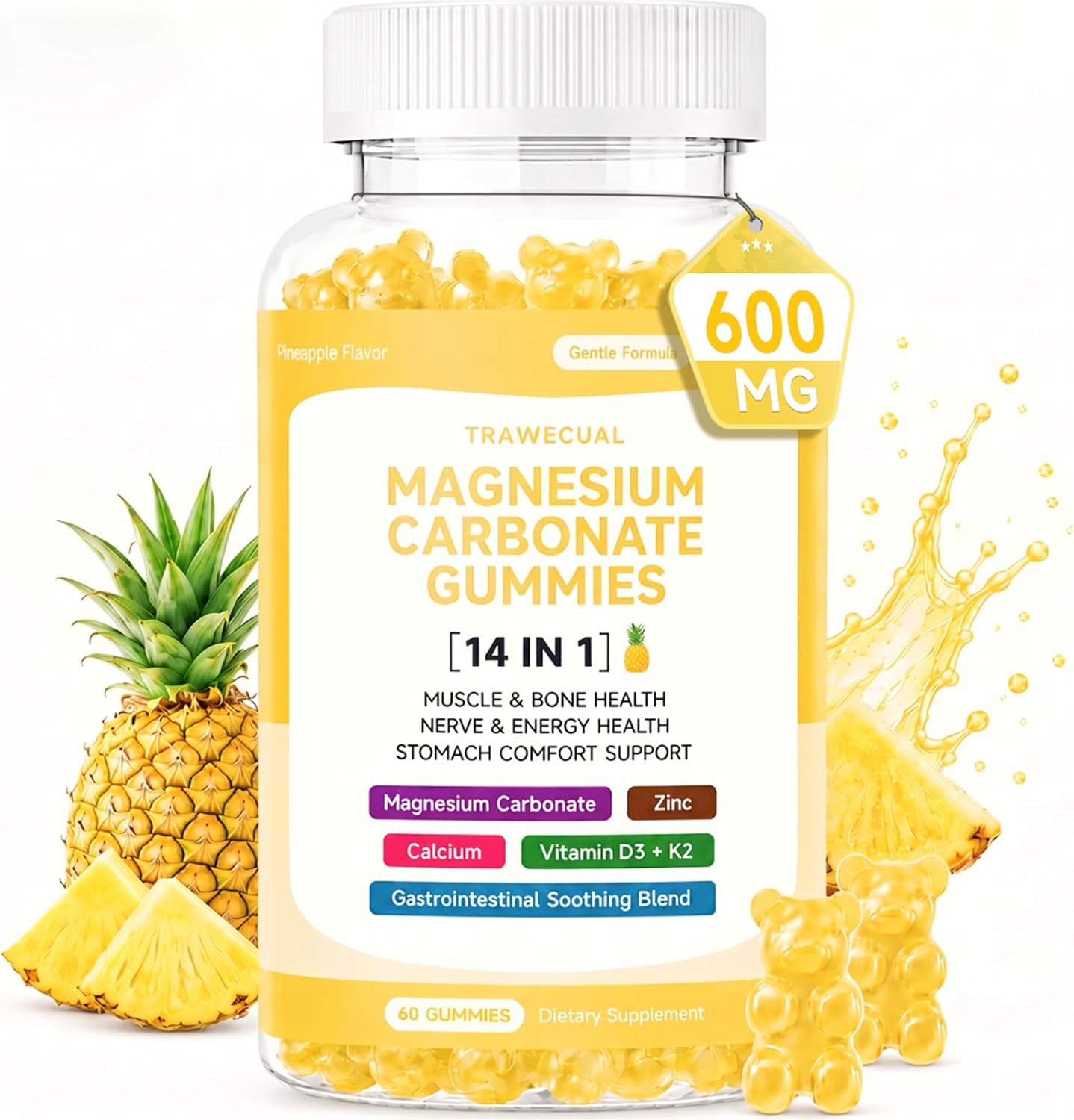 Magnesium Carbonate Gummies 600mg for Adults, 14-in-1 Sugar Free Magnesium Gummies for Relaxation, Muscle, Bone, Energy and Digestive Comfort Support, Pineapple Flavor, 60 Gummies