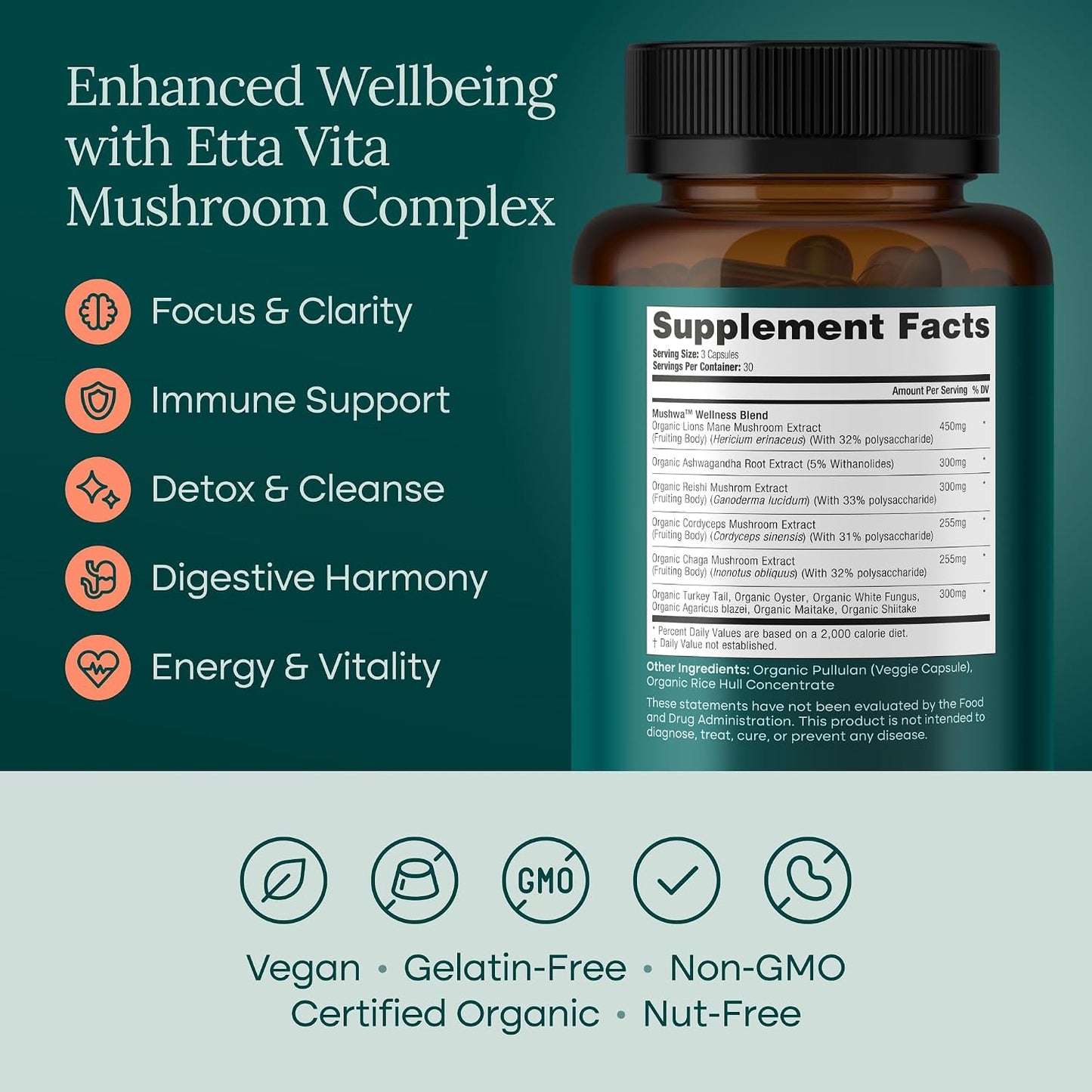 USDA Organic Lions Mane Supplement Capsules with Ashwagandha, Chaga, Reishi, Cordyceps, Turkey Tail - 10x Adaptogenic Mushroom Complex as Focus Supplement - Energy, Immunity & Nootropic
