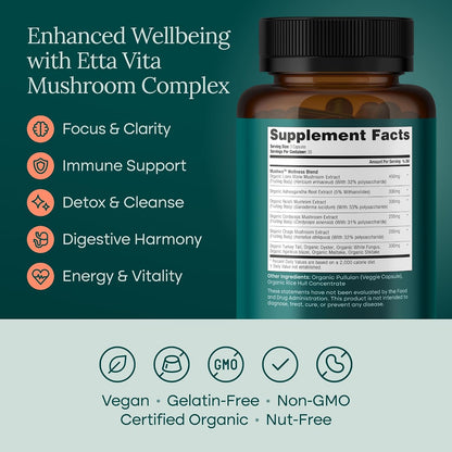 USDA Organic Lions Mane Supplement Capsules with Ashwagandha, Chaga, Reishi, Cordyceps, Turkey Tail - 10x Adaptogenic Mushroom Complex as Focus Supplement - Energy, Immunity & Nootropic