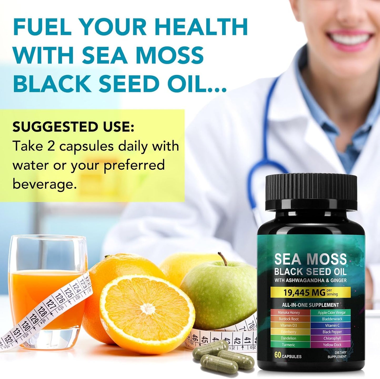 Sea Moss Black Seed Oil Ashwagandha Ginger, Sea Moss Capsule Supplement with Turmeric Burdock Root Bladderwrack Vitamin C Vitamin D3 Enhanced Immunity & Energy Black Seed Oil Capsule 60 Count