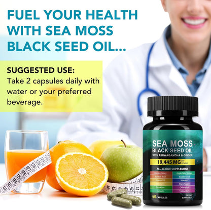 Sea Moss Black Seed Oil Ashwagandha Ginger, Sea Moss Capsule Supplement with Turmeric Burdock Root Bladderwrack Vitamin C Vitamin D3 Enhanced Immunity & Energy Black Seed Oil Capsule 60 Count