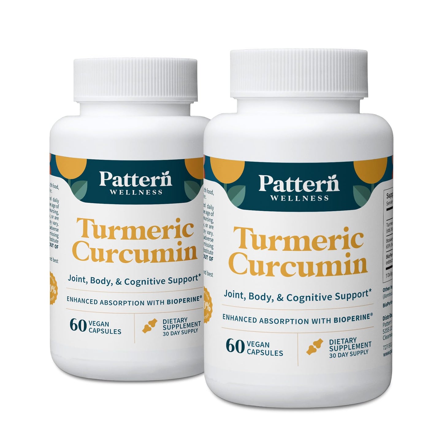 Pattern Wellness Turmeric Curcumin Supplement – 60 Capsules | 95% Curcuminoids with BioPerine® Black Pepper – Supports Joint, Cognitive & Immune Health – Non-GMO, Gluten Free