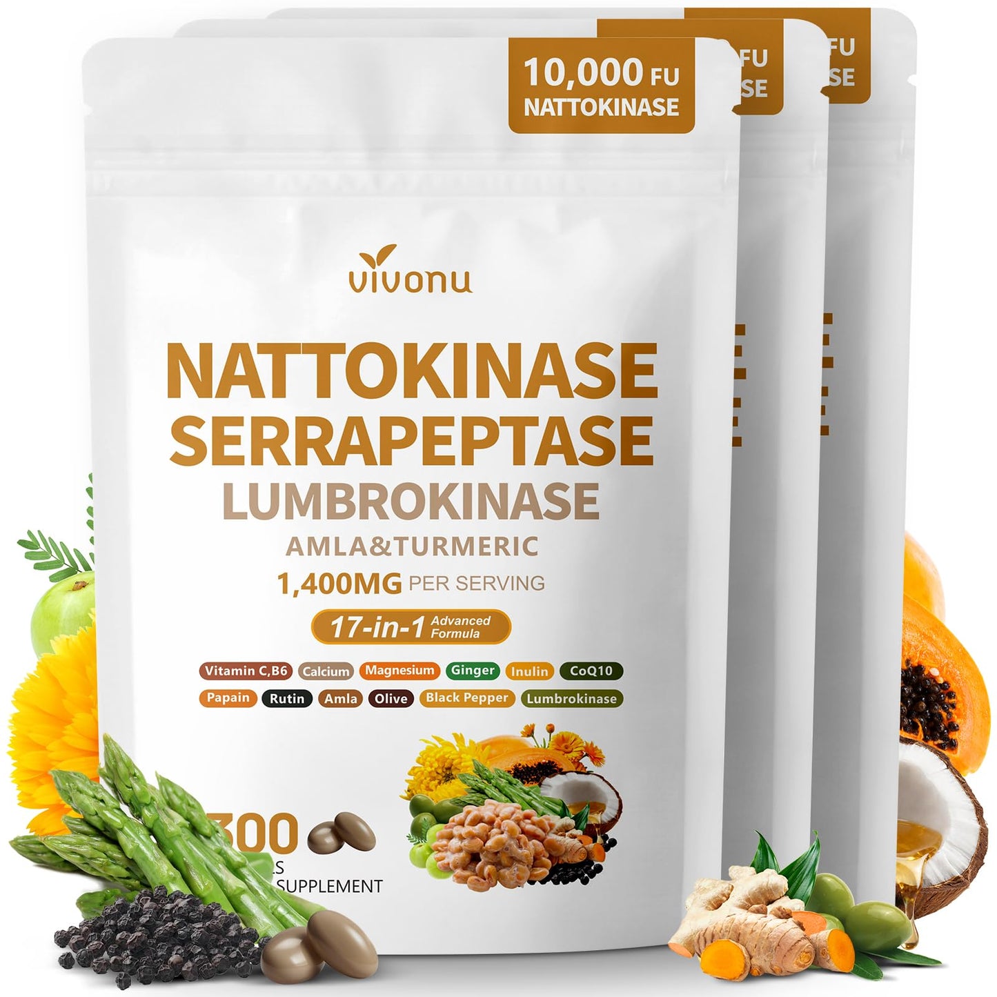 VivoNu Nattokinase 300 Softgels, 500mg(10,000 FU) Per Serving | 17-in-1 Organic Nattokinase Supplement with Serrapeptase*,Lumbrokinase*,CoQ10,AMLA&Turmeric|for Heart* Health|Non-GMO