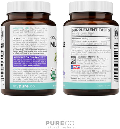USDA Organic Milk Thistle Capsules - 80% Silymarin Supplement for Liver Support- Super Concentrated 300mg of 30:1 Milk Thistle Extract Equivalent to 9,000mg - Milk Thistle Liver Detox 60 Day Supply