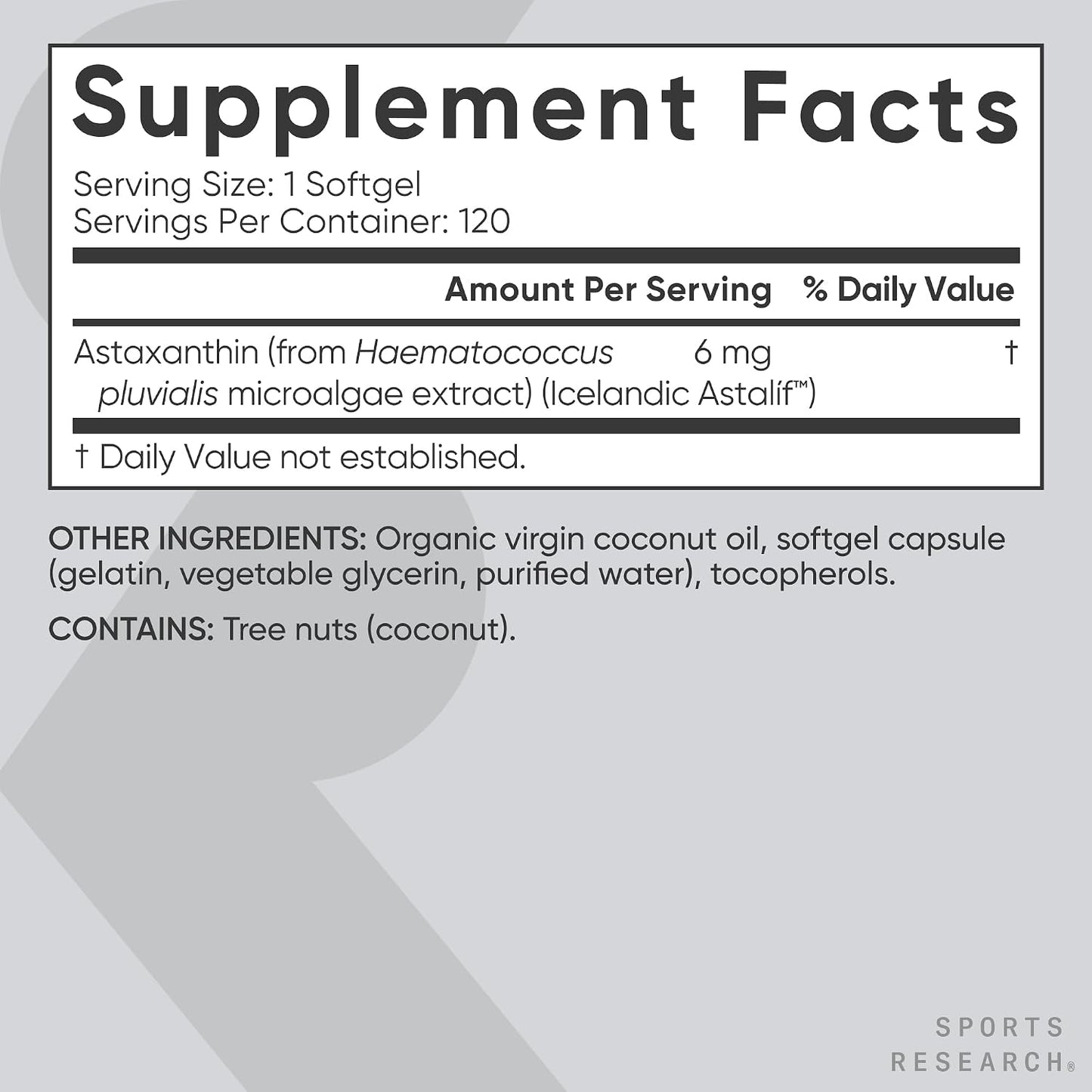 Sports Research® Icelandic Astaxanthin 6mg with Organic Coconut Oil - Antioxidant Supplement for Skin & Eye Health - Soy Free · Non-GMO · Gluten Free - 120 Softgels