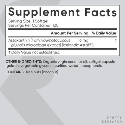 Sports Research® Icelandic Astaxanthin 6mg with Organic Coconut Oil - Antioxidant Supplement for Skin & Eye Health - Soy Free · Non-GMO · Gluten Free - 120 Softgels