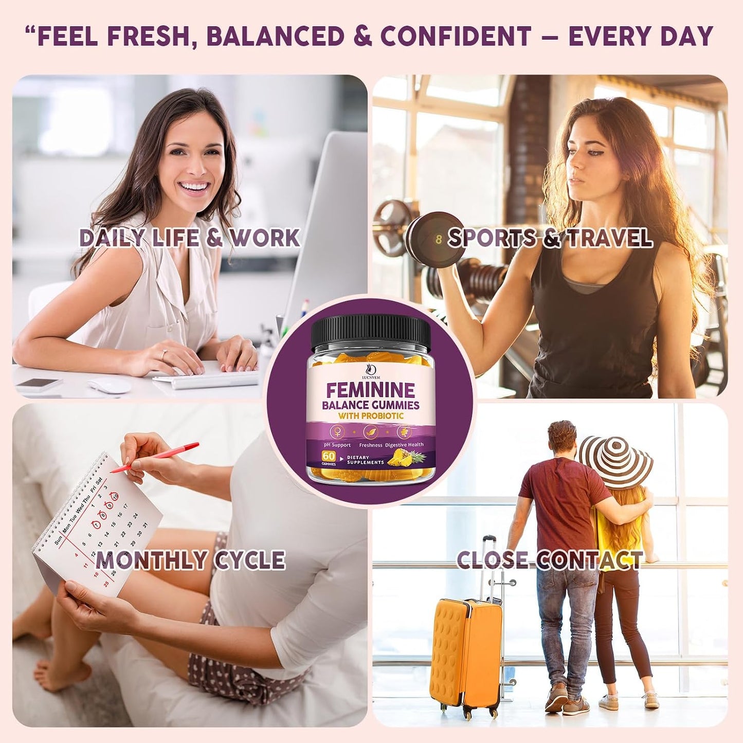 Feminine Balance Probiotic Gummies for Women – Support Vaginal Health, pH Balance, Freshness & Digestive Health – with Pineapple, Slippery Elm, Cranberry, D-Mannose – Sugar-Free, Pineapple Flavor