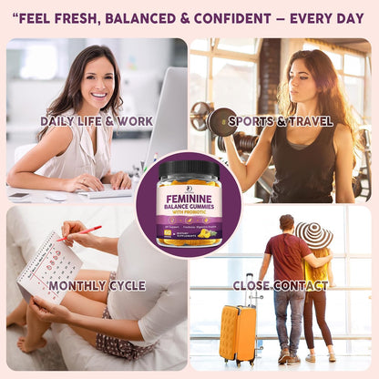 Feminine Balance Probiotic Gummies for Women – Support Vaginal Health, pH Balance, Freshness & Digestive Health – with Pineapple, Slippery Elm, Cranberry, D-Mannose – Sugar-Free, Pineapple Flavor