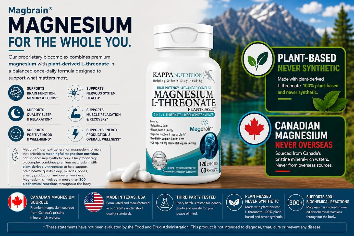 Magnesium L-Threonate Plant-Based 3 in 1 Powered by Magbrain® Magnesium L-Threonate Plant-Based | Magnesium Bisglycinate & Magnesium Malate | Up to 420 mg Elemental Magnesium | 150 Vegan Capsules.