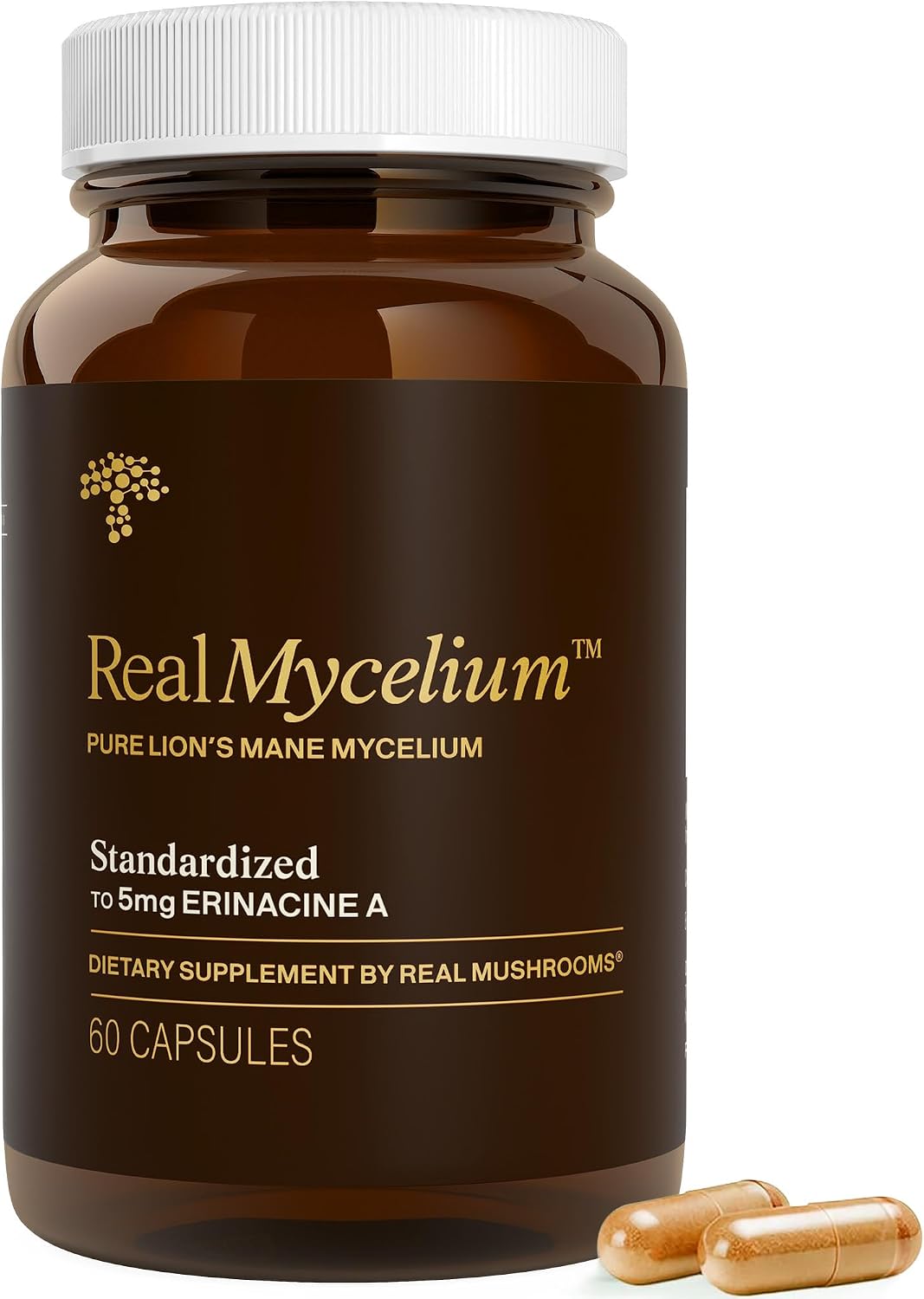 Real Mushrooms Real Mycelium – Standardized Lion’s Mane Mycelium Capsules with 5mg Erinacine A (ErinaPrime) – Pure Hericium Erinaceus Supplement for Focus, Memory, & Mental Clarity – (60 Count)