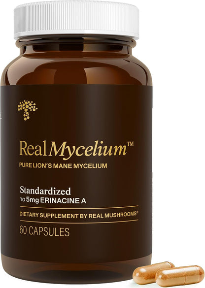 Real Mushrooms Real Mycelium – Standardized Lion’s Mane Mycelium Capsules with 5mg Erinacine A (ErinaPrime) – Pure Hericium Erinaceus Supplement for Focus, Memory, & Mental Clarity – (60 Count)