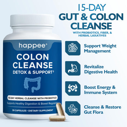 Happee Colon Cleanser & Detox for Weight Loss & GLP-1 Support - 15 Day Colon Cleanse Pills & Gut Support Probiotics Women Men - Fast Natural Laxatives Constipation Relief