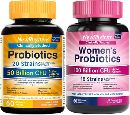 NewRhythm Gut Balance Bundle, Probiotics 50 Billion CFU & Women’s Probiotics (100B CFU), Daily Gut Health Support, Complete Feminine Care, 120 Capsules Total (Pack of 2)