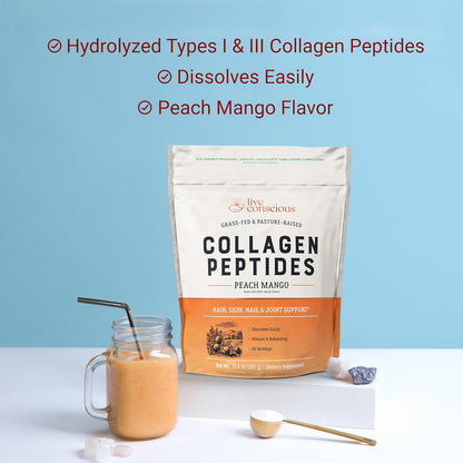 Live Conscious Beyond Greens & Collagen Peptides Peach Mango| Mushroom Coffee Alternative Low Caffeine + Hair, Skin, Nail, and Joint Support