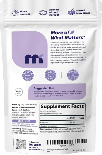 Micro Ingredients Melatonin 20mg, 400 Tablets | Strawberry Flavor | Fast Dissolve | 100% Drug Free | Vegetarian Friendly | Non-GMO, No Gluten, Sugar Free