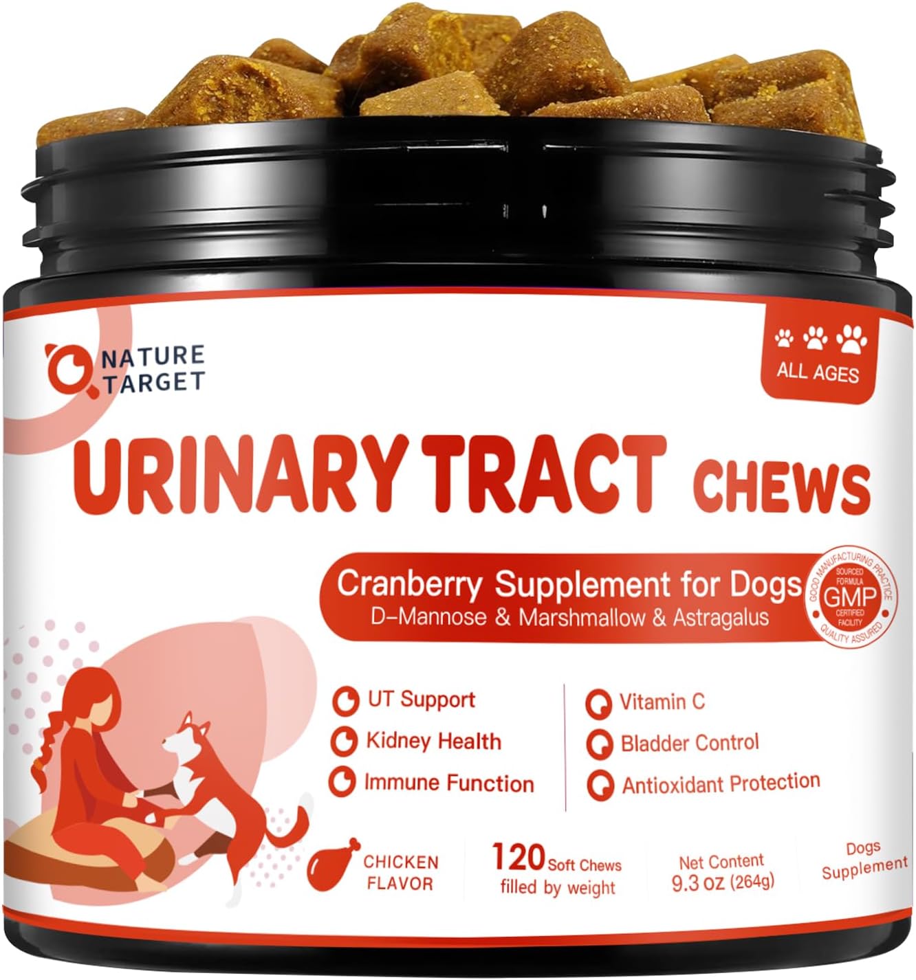 NATURE TARGET Dog UTI Treatment, Cranberry Supplement for Dogs 120 Chews | Urinary Tract & Bladder Support with D-Mannose, Marshmallow, Astragalus – Vet Formulated Immune & Kidney Support – Chicken
