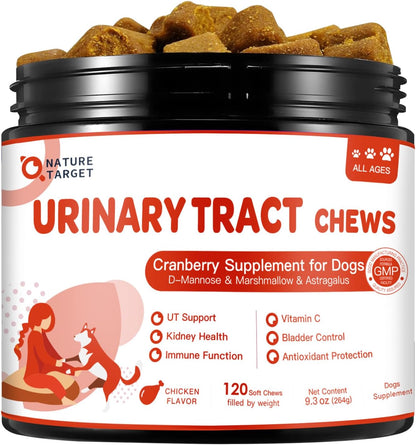 NATURE TARGET Dog UTI Treatment, Cranberry Supplement for Dogs 120 Chews | Urinary Tract & Bladder Support with D-Mannose, Marshmallow, Astragalus – Vet Formulated Immune & Kidney Support – Chicken