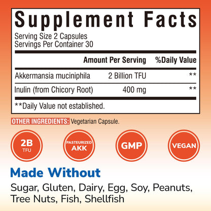 Vitalibre Akkermansia Muciniphila Probiotic 1 Billion TFU, w/Natural Prebiotic Inulin, Naturally Increases GLP-1, Healthy Digestion & Metabolism, Probiotic Supplement for Women & Men, 30 Capsules