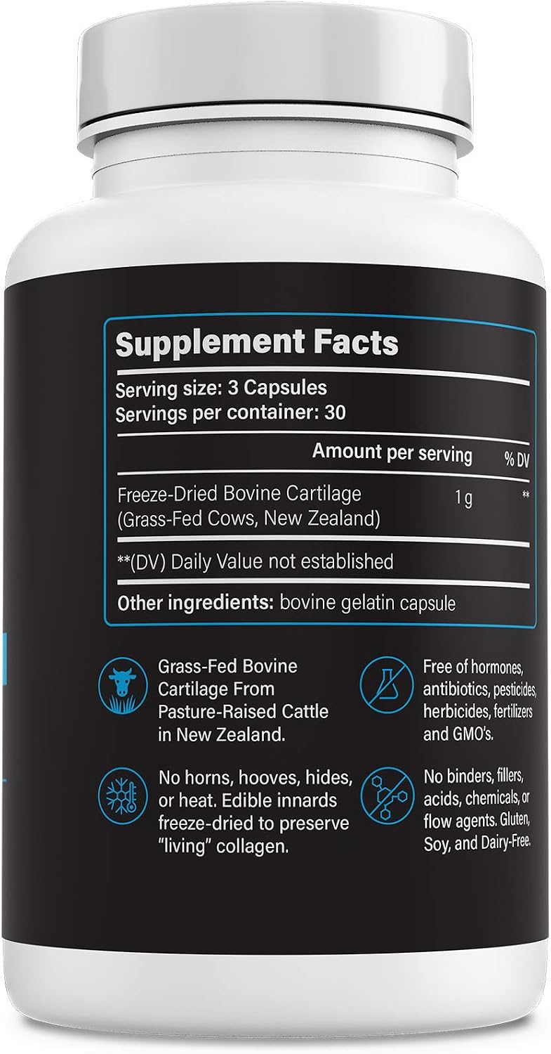 Bovine Cartilage: Grass Fed Beef Cartilage/Collagen Pills - Joint Supplement (Glucosamine Chondroitin, Type 2 Collagen, Hyaluronic Acid Supplements) - 90 Grass Fed Collagen Capsules
