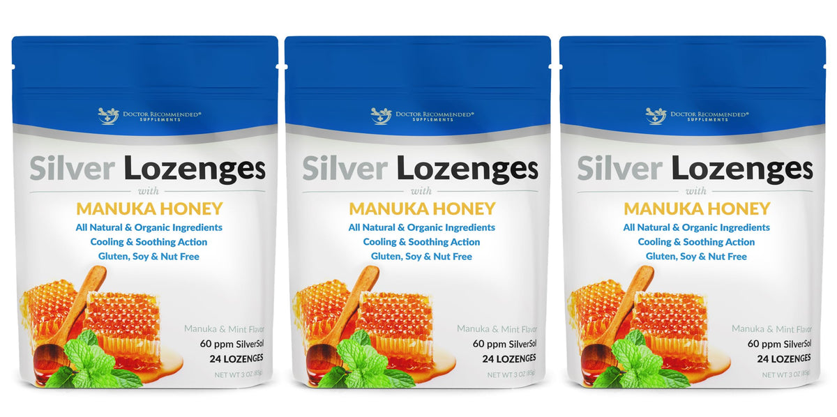 Silver Lozenges with Organic Manuka Honey and Vitamin C - All-Natural Nano Silver 45-50mcg of 60 PPM Colloidal Silver Mineral Drops to Support Immune System, Soothe, Cool Cough & Throat, 24-Lozenges