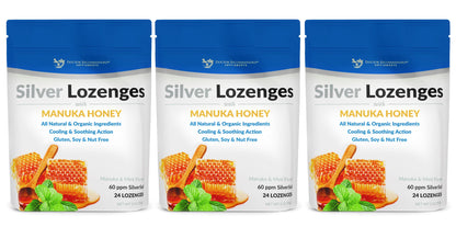 Silver Lozenges with Organic Manuka Honey and Vitamin C - All-Natural Nano Silver 45-50mcg of 60 PPM Colloidal Silver Mineral Drops to Support Immune System, Soothe, Cool Cough & Throat, 24-Lozenges