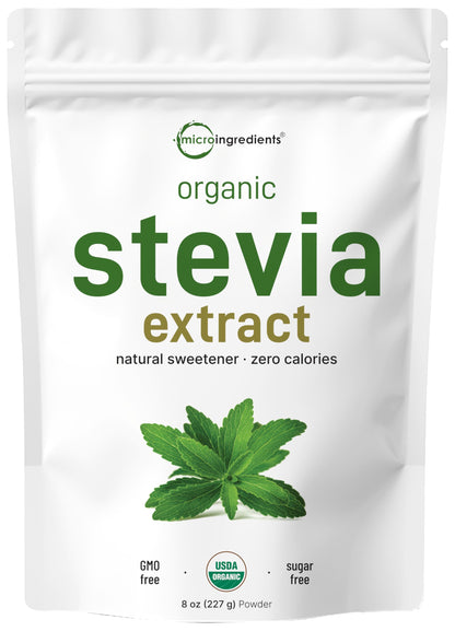 Micro Ingredients Pure Organic Stevia Powder, 8 Ounces, 1418 Serving, Highest Grade Green Leaf Extract Reb-A, Reduced Bitter Aftertaste, 0 Calorie, Natural Sweetener, Sugar Alternative, Keto Friendly