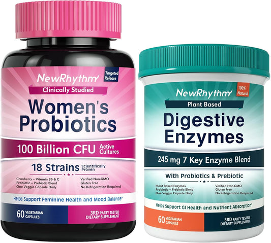 NewRhythm Digestion & Feminine Health Bundle, Probiotics, Prebiotics, Digestive Enzymes, Cranberry, Vitamin C & B6, Bundle & Save, 60 Capsules Each