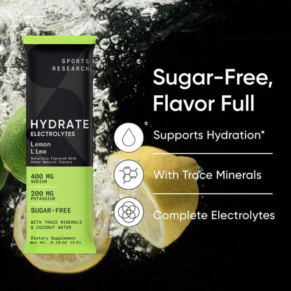 Sports Research® Hydrate Electrolytes Powder Packets - Sugar-Free & Naturally Flavored with Vitamins, Minerals, and Coconut Water - Supports Hydration - 16 Packets - Variety Pack | Sugar-Free