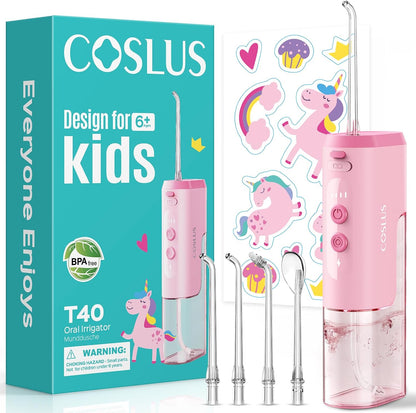 COSLUS T40 Portable Kids Water Flosser, Compact Mini Design, Ages 6+, Pink