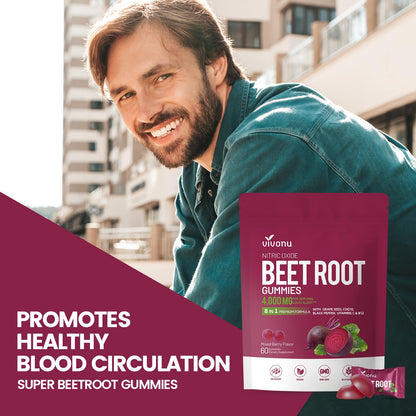 VivoNu Beet Root Gummies 8-in-1 Premium Energy Supplement with CoQ10, Beetroot Extract, Grape Seed Extract, Black Pepper Extract, Vitamins C & B12, L-Arginine & L-Citrulline