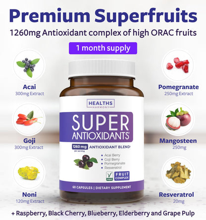 Super Antioxidants Supplement for Women & Men - High Potency Herbal & Fruit Blend with Acai, Goji, Pomegranate, Elderberry & Resveratrol for Skin Care & Immune Support - Vegan & Non-GMO - 60 Capsules
