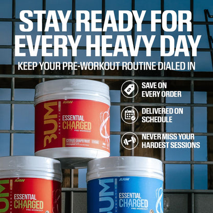 RAW Pre-Workout Powder, Essential CHARGED (Sour Watermelon) - Preworkout Supplement for Men & Women - Supports Focus, Mood & Performance - Caffeine, Alpha-GPC, L-Citrulline, Beta Alanine (25 Servings)