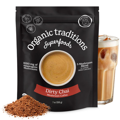 Organic Traditions Mind Fuel Instant Mushroom Coffee Alternative, Caffeine Free Lion’s Mane and Maca Herbal Drink with Dandelion, Chicory, Roasted Grain Blend, Natural Focus Support, 140g / 5oz