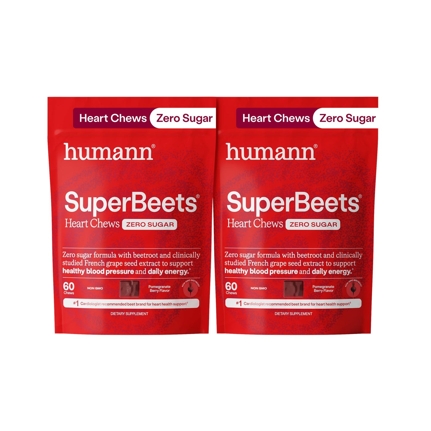 HumanN SuperBeets Heart Chews Zero Sugar, Beet Root Supplement, Energy, Nitric Oxide and Blood Pressure Support, Grape Seed Extract & Non-GMO, Heart Health, Pomegranate Berry Flavor, 60 Count