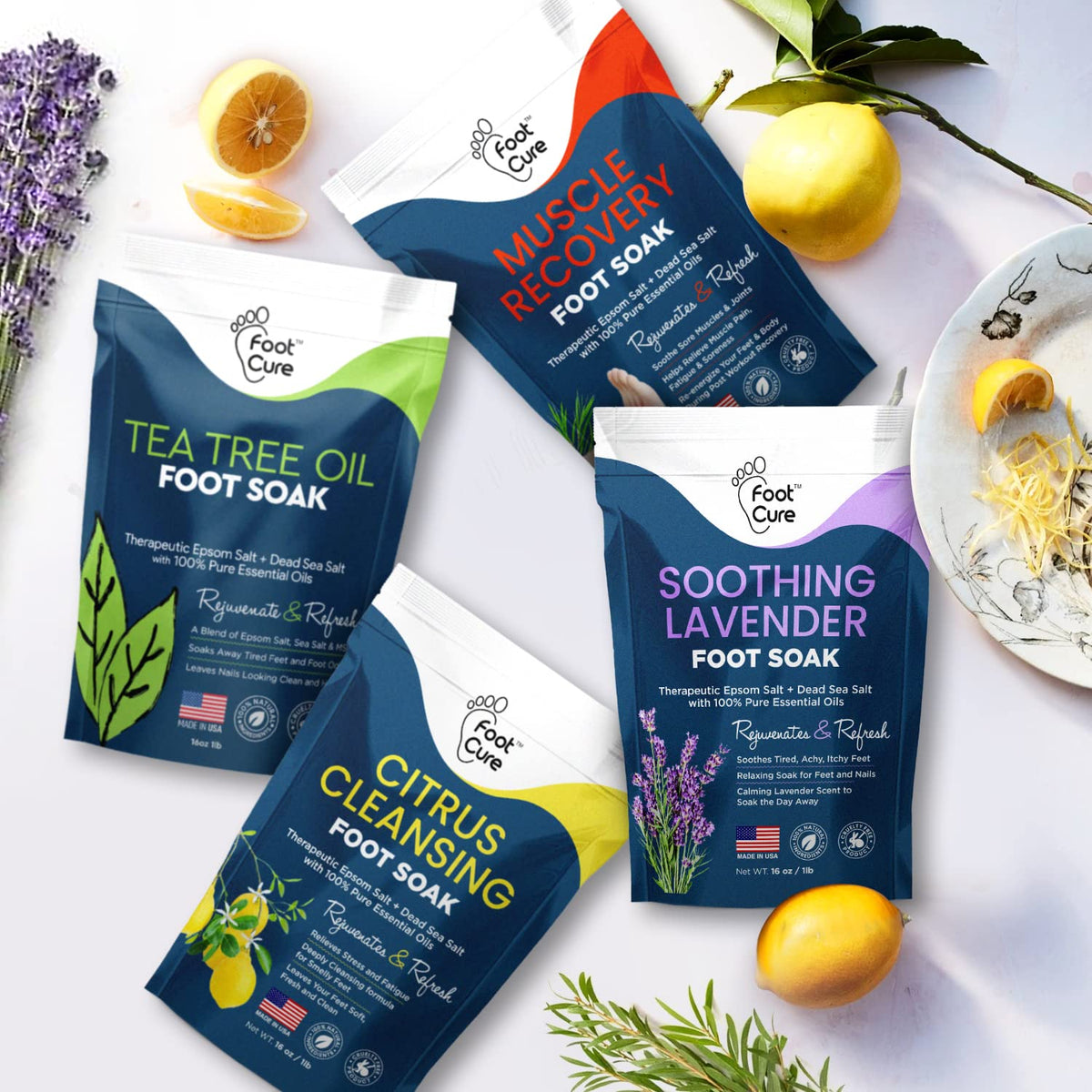 Foot Soak with Epsom Salts- Variety Pack of 4- Tea Tree Oil, Muscle Relief, Calming