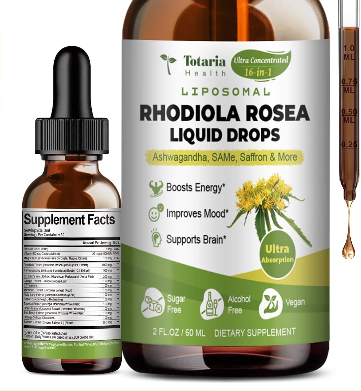 Totaria 16-in-1 Liposomal Rhodiola Rosea Supplement Tincture 1000mg, Ultra Strength Rhodiola 10:1 Root Extract w/Ashwagandha, Rhodiola Liquid Drops for Natural Relaxation, Mood, Energy, Alcohol-Free