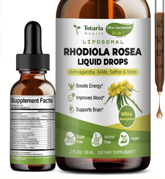 Totaria 16-in-1 Liposomal Rhodiola Rosea Supplement Tincture 1000mg, Ultra Strength Rhodiola 10:1 Root Extract w/Ashwagandha, Rhodiola Liquid Drops for Natural Relaxation, Mood, Energy, Alcohol-Free