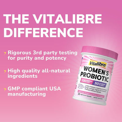 Vitalibre Probiotics for Women 30 Strains, 100B CFUs Vaginal Probiotics | with Digestive Enzymes, Prebiotics & Cranberry for Urinary Tract Health, pH Balance, 30 Veggie Capsules