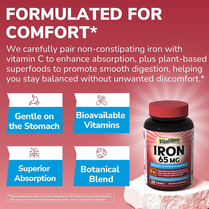 Vitalibre Iron Supplement for Women & Men, 65 mg, Ferrous Sulfate, Vitamin C, D3, B6, B12, Folate, Beet Root, Spinach, Pumpkin Seeds, Nettle, for Red Blood Cell & Energy Production, 60 Tablets