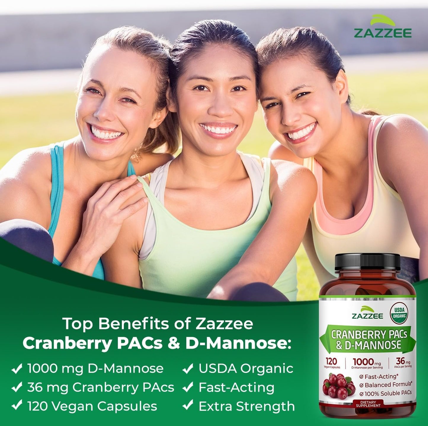 Zazzee USDA Organic Cranberry PACs & D-Mannose, 36 mg PACs per Serving, 1000 mg D-Mannose per Serving, 120 Vegan Capsules, 2 Month Supply, Urinary Tract & Bladder Support, Non-GMO, Made in the USA