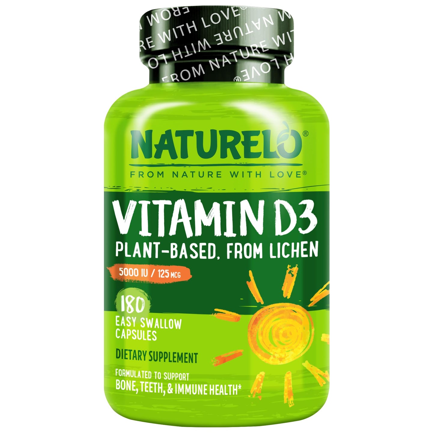 NATURELO Vitamin D - 5000 IU - Plant Based from Lichen - Natural D3 Supplement for Immune System, Bone Support, Joint Health - High Potency - Vegan - Non-GMO - Gluten Free - 180 Capsules
