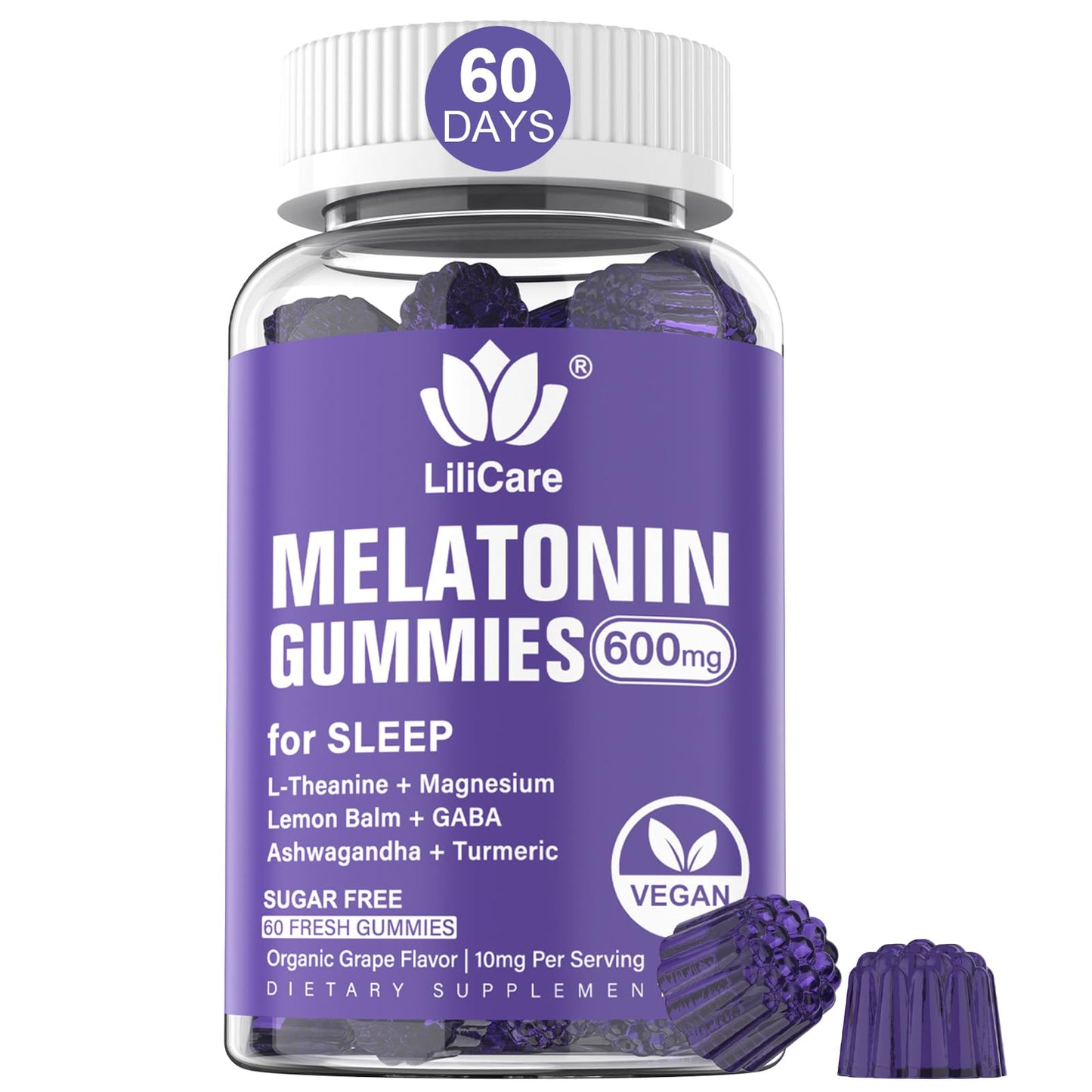 Melatonin Gummies 10mg 20mg for Adults Sugar Free, Extra Strength w/ L-Theanine, Ashwagandha, Magnesium, Turmeric, GABA, Lemon Balm and Chamomile for Healthy Circadian Rhythm, Vegan Grape Flavor, 60ct