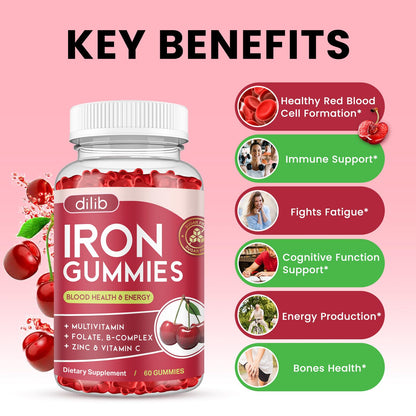 Iron Gummies with Multivitamin, Iron Supplement for Women & Men with Zinc, Vitamin B Complex & C, B12, Folate - Blood Builder & Energy Support for Adults & Kids - Strawberry Flavor, Vegan 60 Gummies