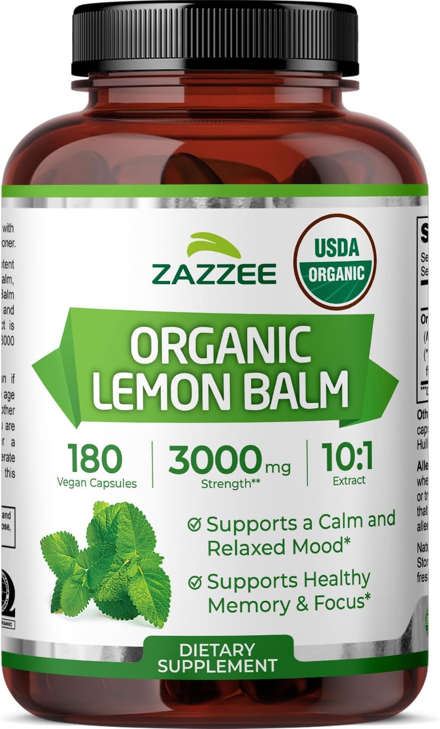 Zazzee USDA Organic Lemon Balm 10:1 Extract, 180 Capsules, 6 Month Supply | Vegan, All-Natural, Non-GMO, Melissa Officinalis, Calm, Mood, Stress & Relaxation Support, Herbal Supplement, Made in the USA