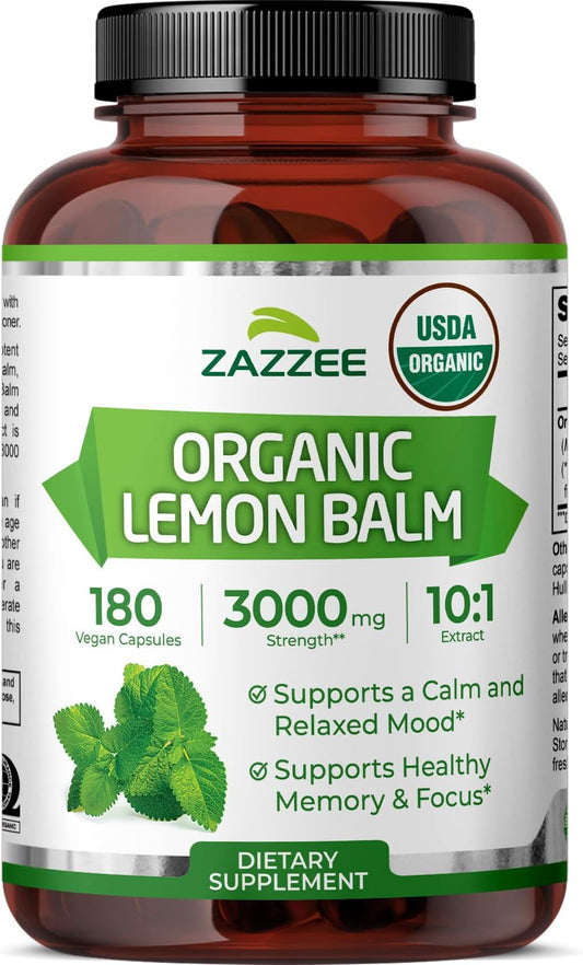 Zazzee USDA Organic Lemon Balm 10:1 Extract, 180 Capsules, 6 Month Supply | Vegan, All-Natural, Non-GMO, Melissa Officinalis, Calm, Mood, Stress & Relaxation Support, Herbal Supplement, Made in the USA